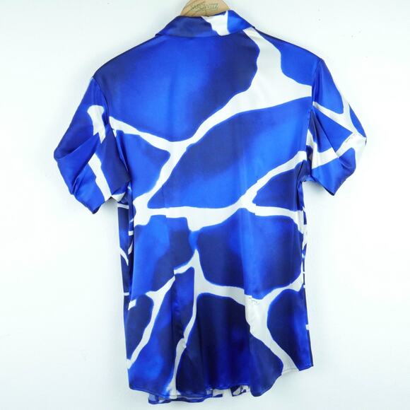 Roberto Cavalli 48 Blouse 100% Silk Blue Print Statement Sleeve Luxury Elegant - Picture 12 of 12